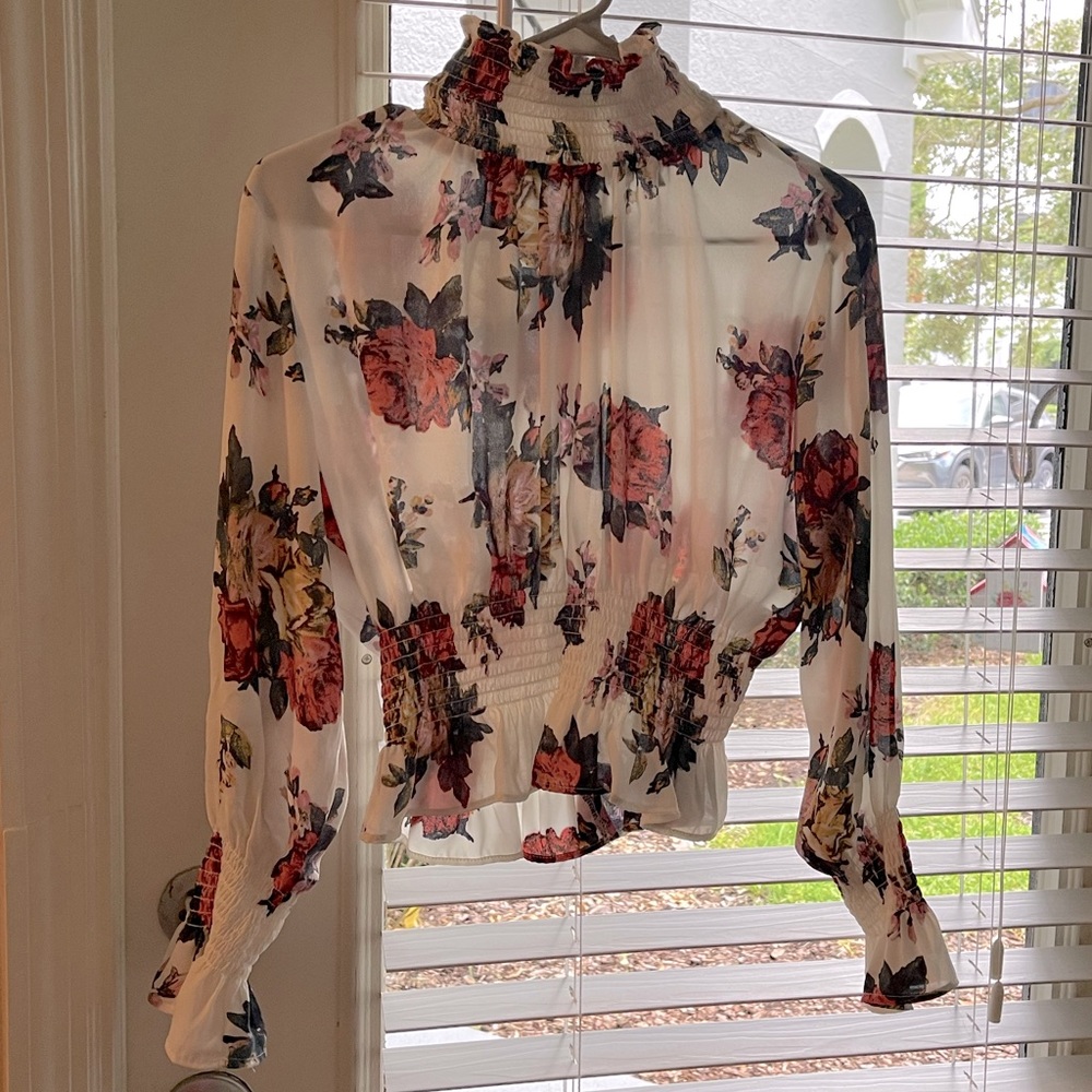 White floral sheer long sleeve shirt size small